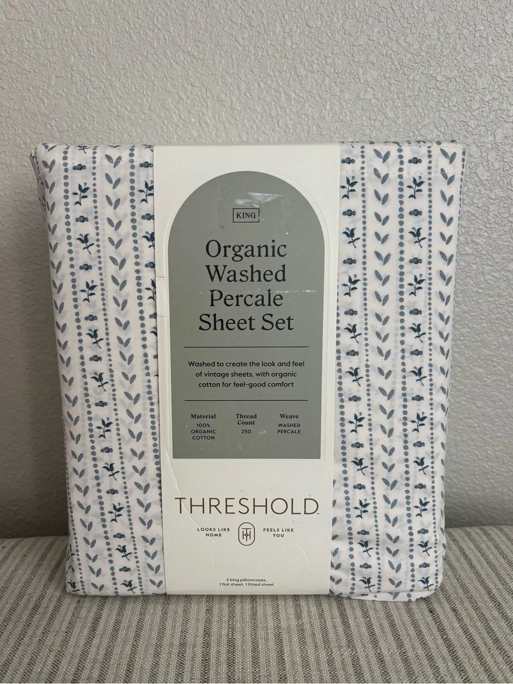 NWT King Organic Percale Printed Sheet Set Ivory Floral Stripe - Threshold